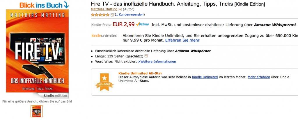 So sieht ein AllStars-Label auf der Detailseite aus, hier für mein Buch "Fire TV - das inoffizielle Handbuch"
