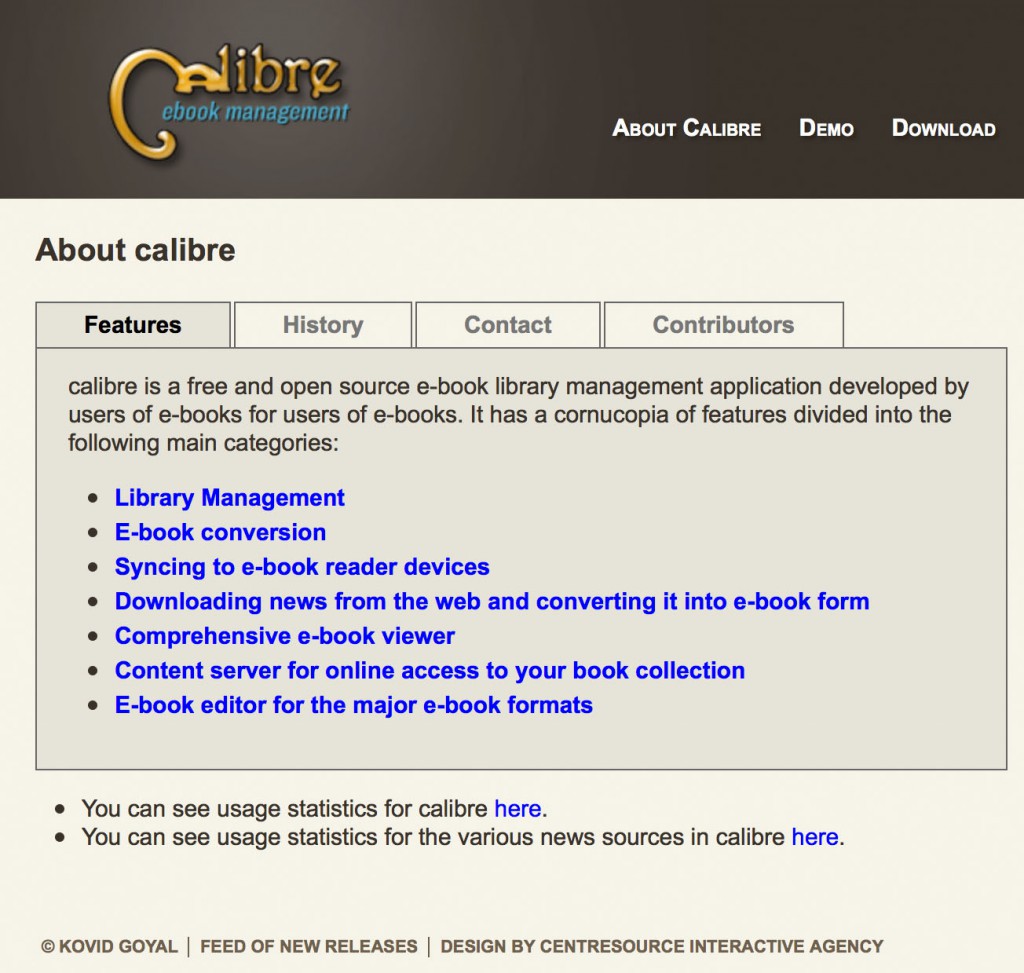 Die Homepage von Calibre
