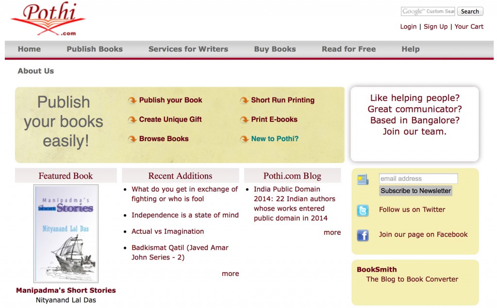 Self Publishing in Indien: Bei Pothi ist PDF Pflicht, ePub optional. Gezahlt werden 75% im eigenen Shop, 25% in anderen. 